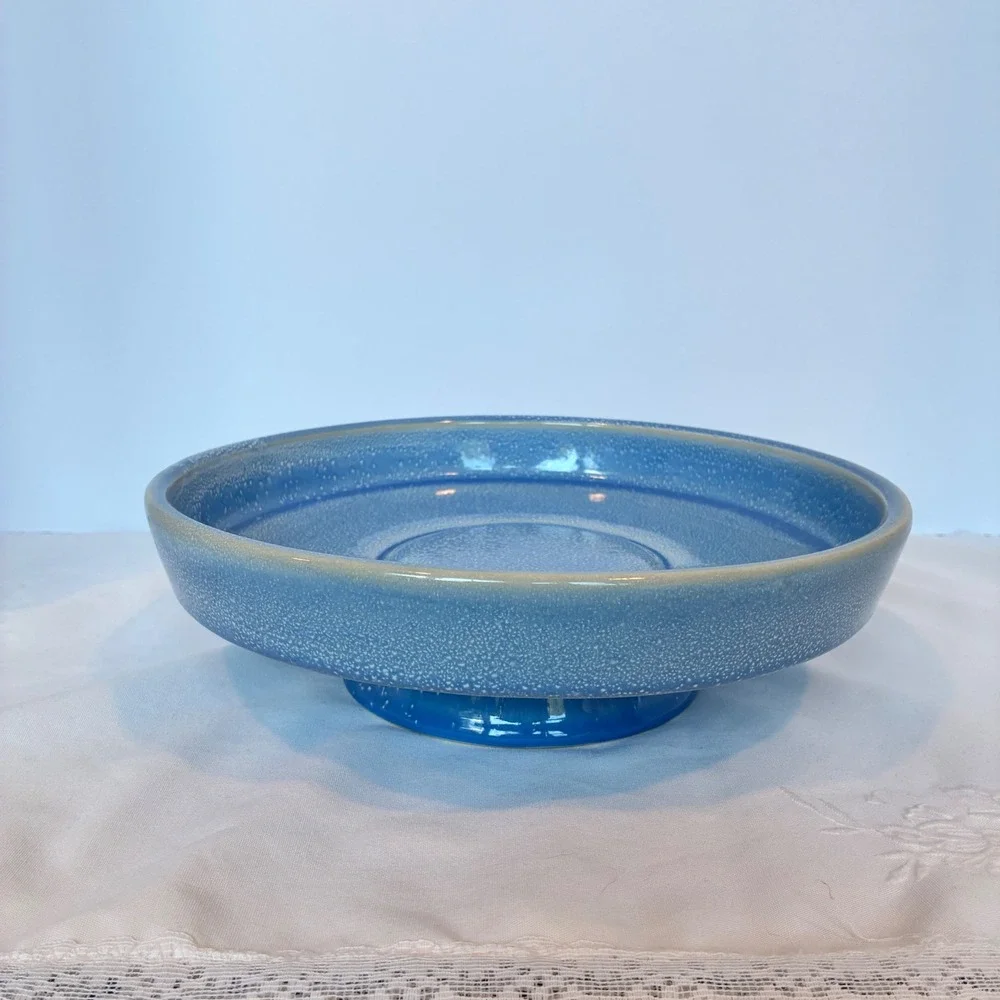 Pedestal Bowl Blue White Speckled Footed Coastal Modern Cottage Beach House